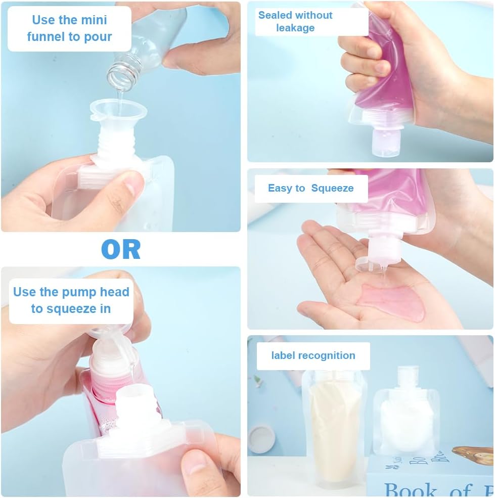 52Pcs Travel Pouches for Toiletries, TSA Approved Travel Fluid Squeeze Pouches, Travel Size Stand Up Pouch, Refillable Leakproof Travel Containers for Shampoo Conditioner Lotion Soap Liquids