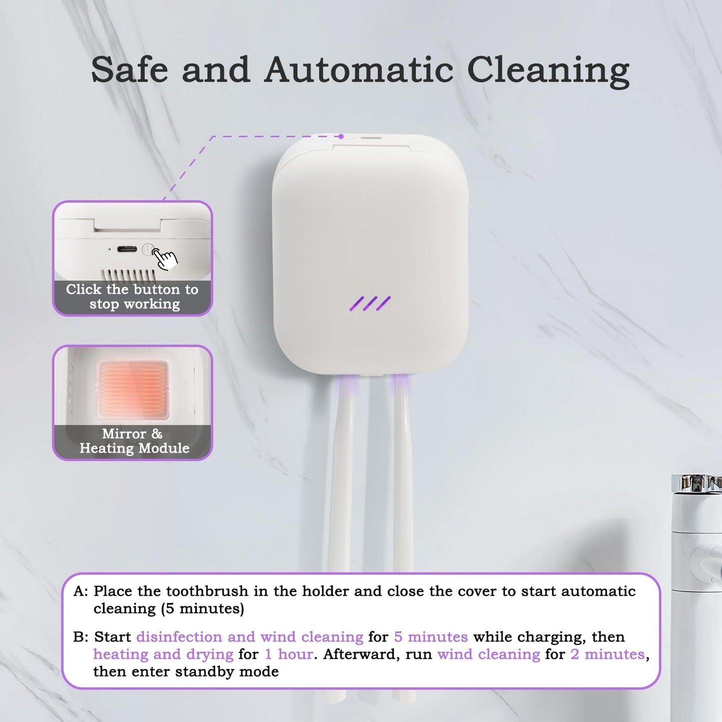 Toothbrush Holder, Toothbrush Cleaner Case, Portable USB Charging Toothbrush Cover with U V-C Light, Travel Toothbrush Holder (White-Double)