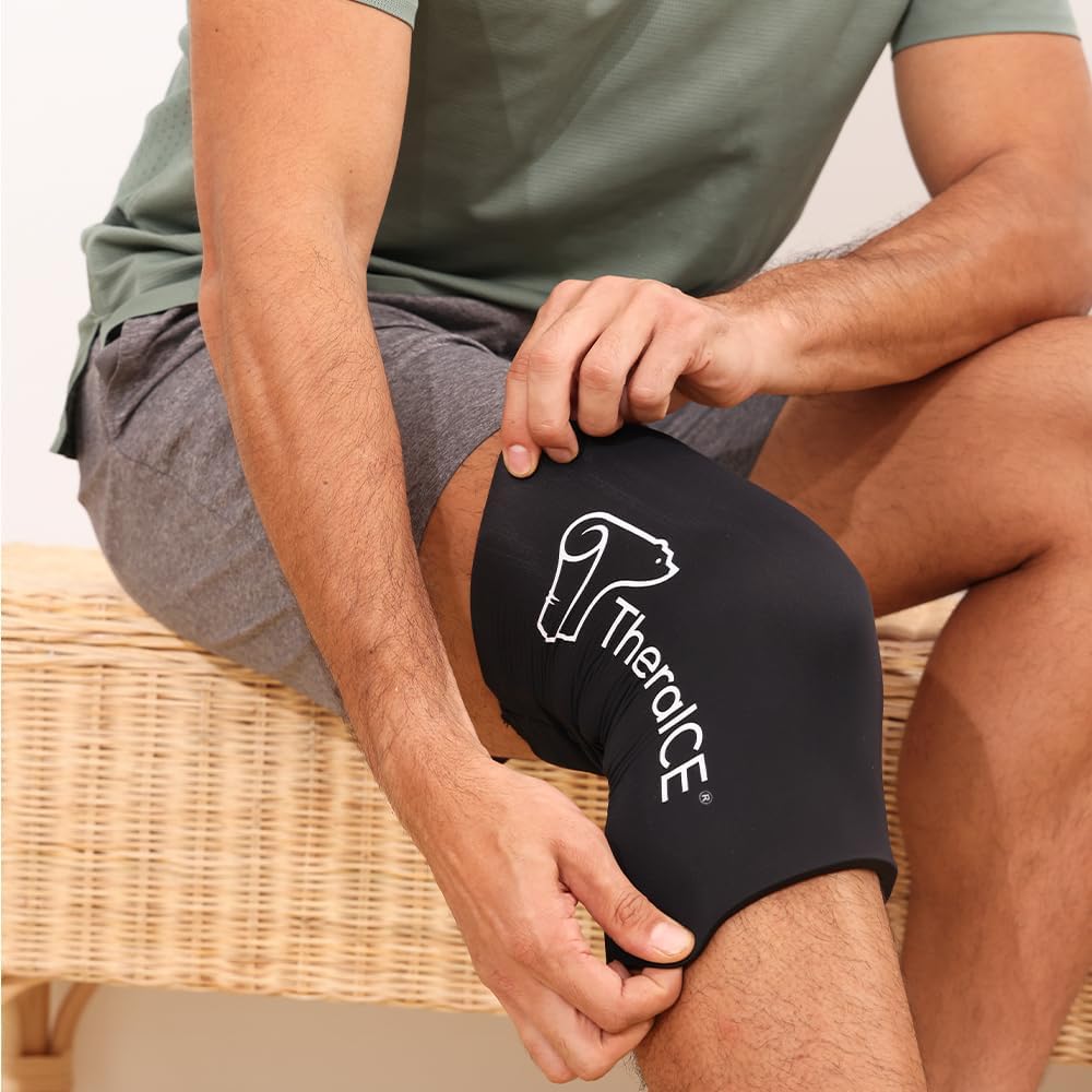 TheraICE Knee Ice Pack Wrap Compression Sleeve for Injuries, Reusable Gel Cold Packs Brace Also for Elbow, Ankle & Calf - Flexible Cold Wrap Recovery for Meniscus, ACL, MCL Pain Relief (L)