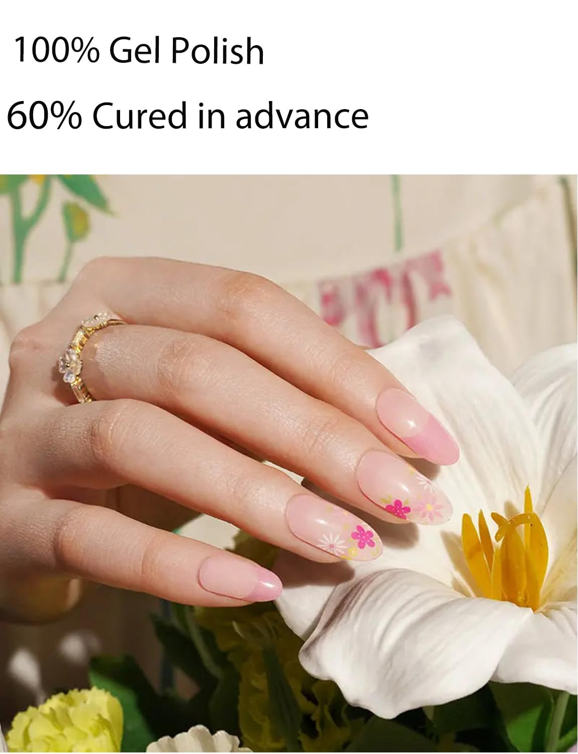 Semi Cured Gel Nail Strips, 20pcs French Flower, Pink Gel Nail Stickers UV for Home Nails DIY