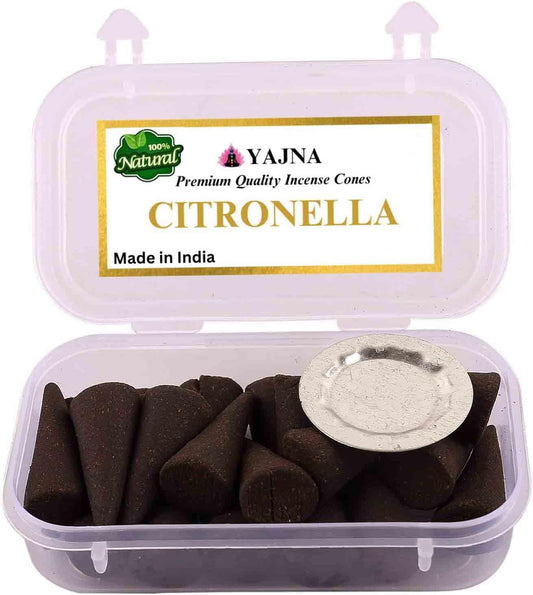 Yajna Citronella 100%-Natural-Incense-Cones Handmade-Hand-Dipped Organic-Chemicals-Free for-Purification-Relaxation-Positivity-Yoga-Meditation The-Best-scents (20 Count)