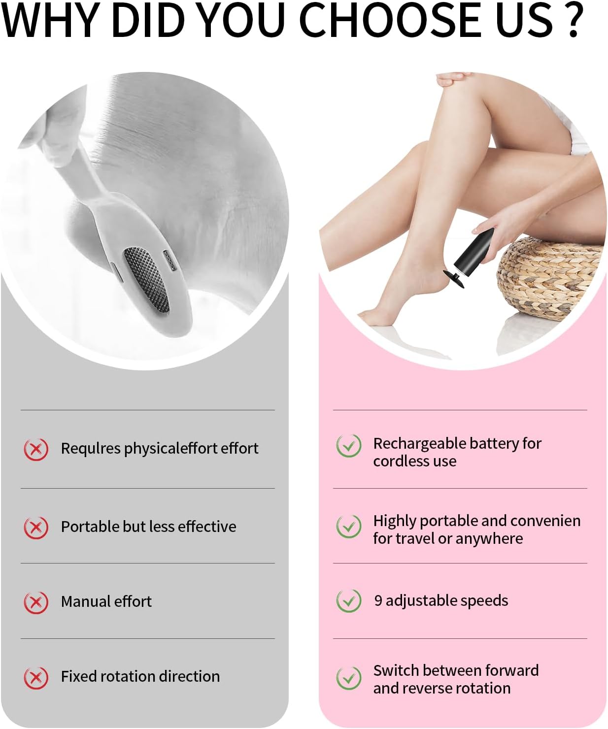 Powerful Electric Foot File & Callus Remover - Over 1-Hour Continuous Use, 360° Rotating Grinder, Foot Drill & Sander, 1200mAh Rechargeable Cordless Pedicure Tool,Foot Grinder(Black)