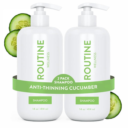 Routine Wellness Anti-Thinning Shampoo for Thinning Hair - Biotin DHT Blocker Women & Men - Color Safe Shampoo for Hair Loss & Healthy Hair - Cucumber (Pack of 2)