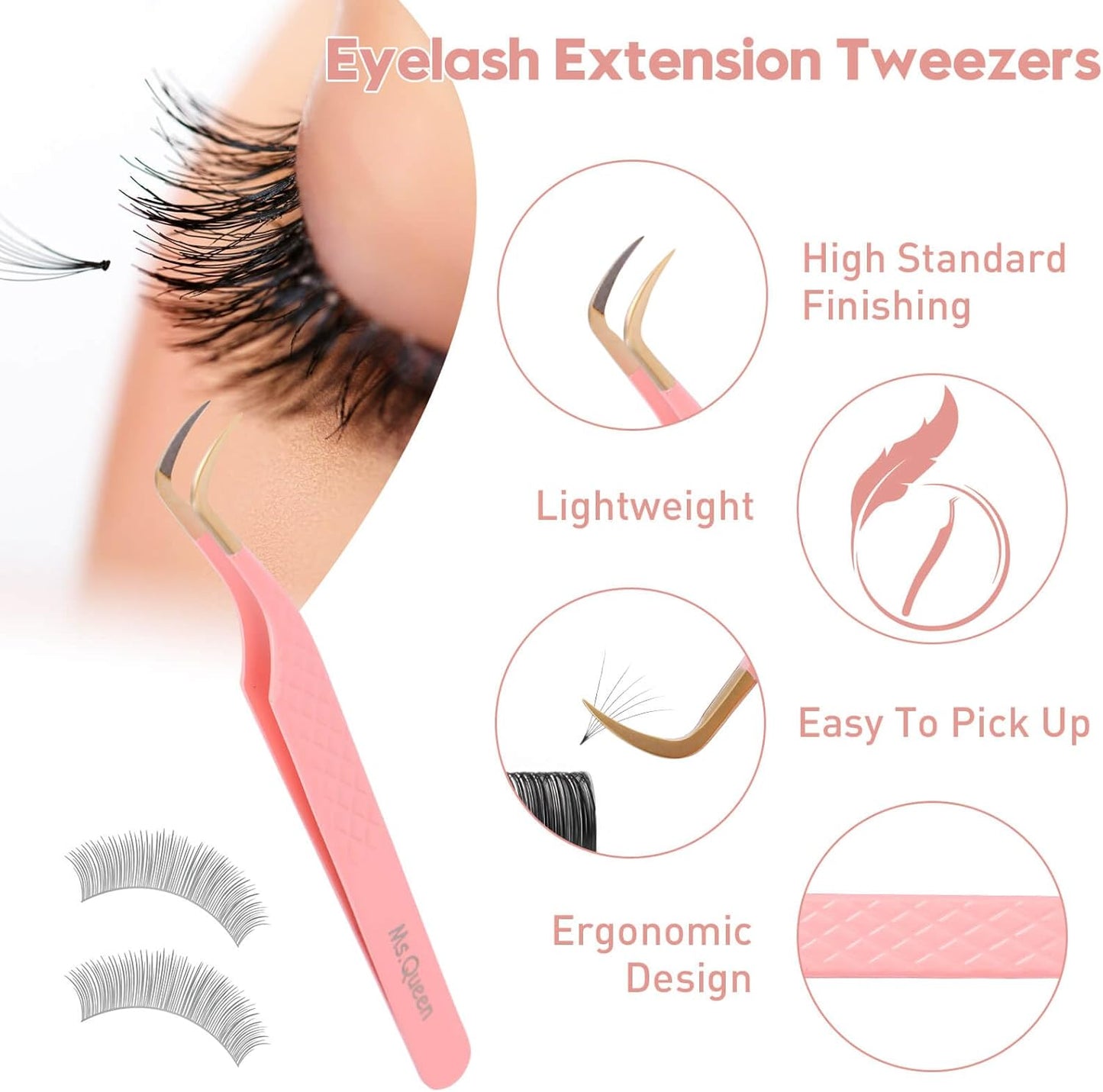 Ms.Queen Lash Tweezers for Eyelash Extensions,Fiber Tip Master Volume Lash Extension Tweezers with Diamond Grip