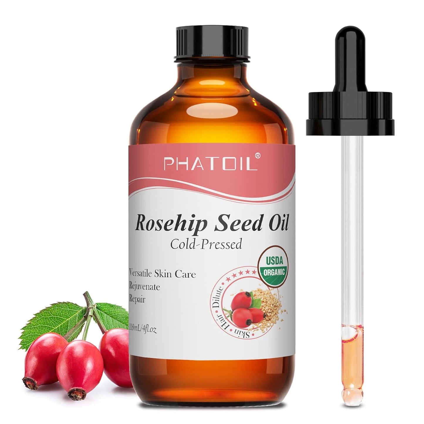 Organic Rosehip Seed Oil for Face 4oz/118ml, USDA Certified Organic Pure and Natural Cold Pressed Base Carrier Oil, Massage Gua Sha for Face and Body, Moisturizing for Hair and All Skin Type