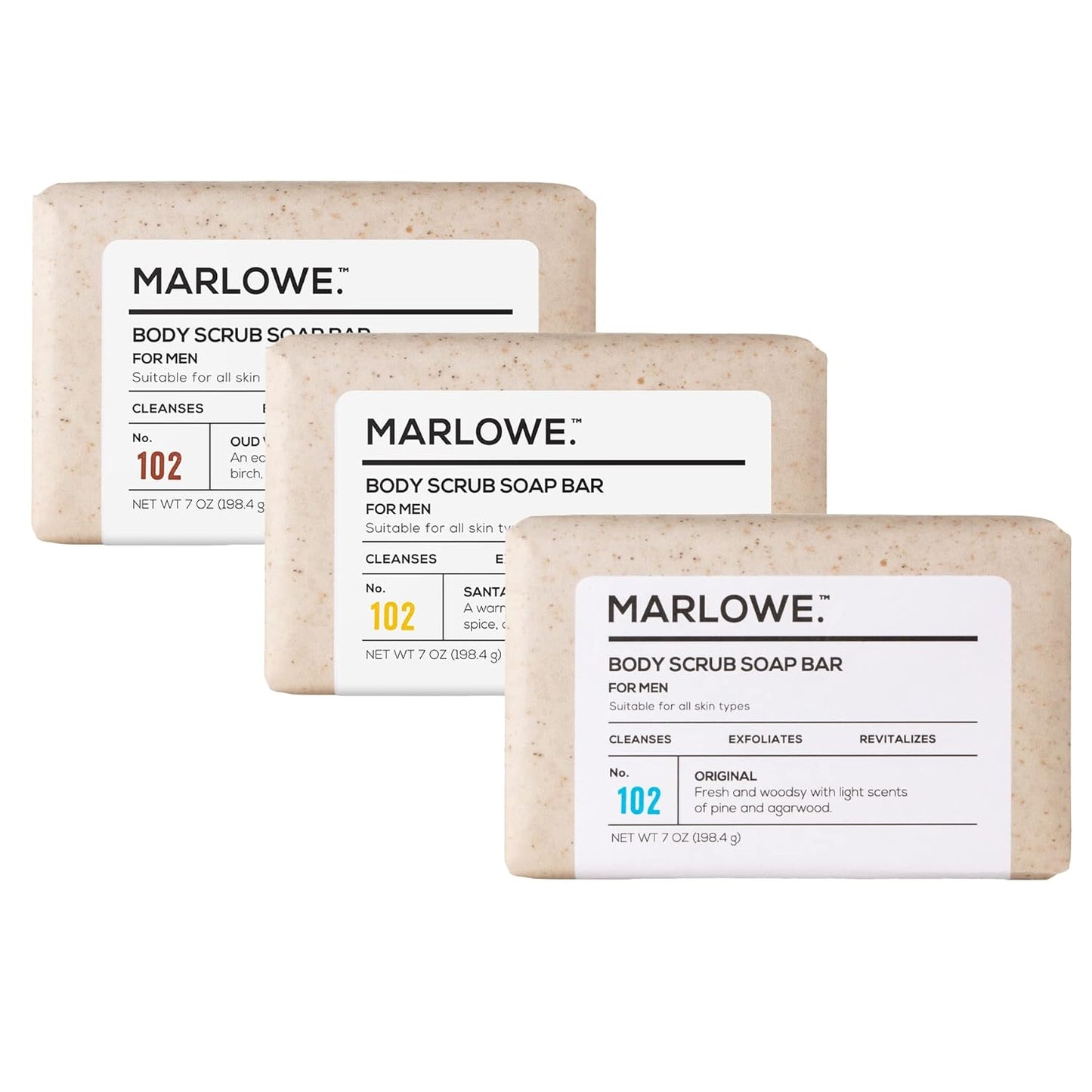 MARLOWE. No. 102 Men's Body Scrub Soap 7oz (Variety Trio) Best Exfoliating Body Soap Bars for Men, Made with Natural Ingredients, Green Tea Extract, Features 3 Amazing Scents