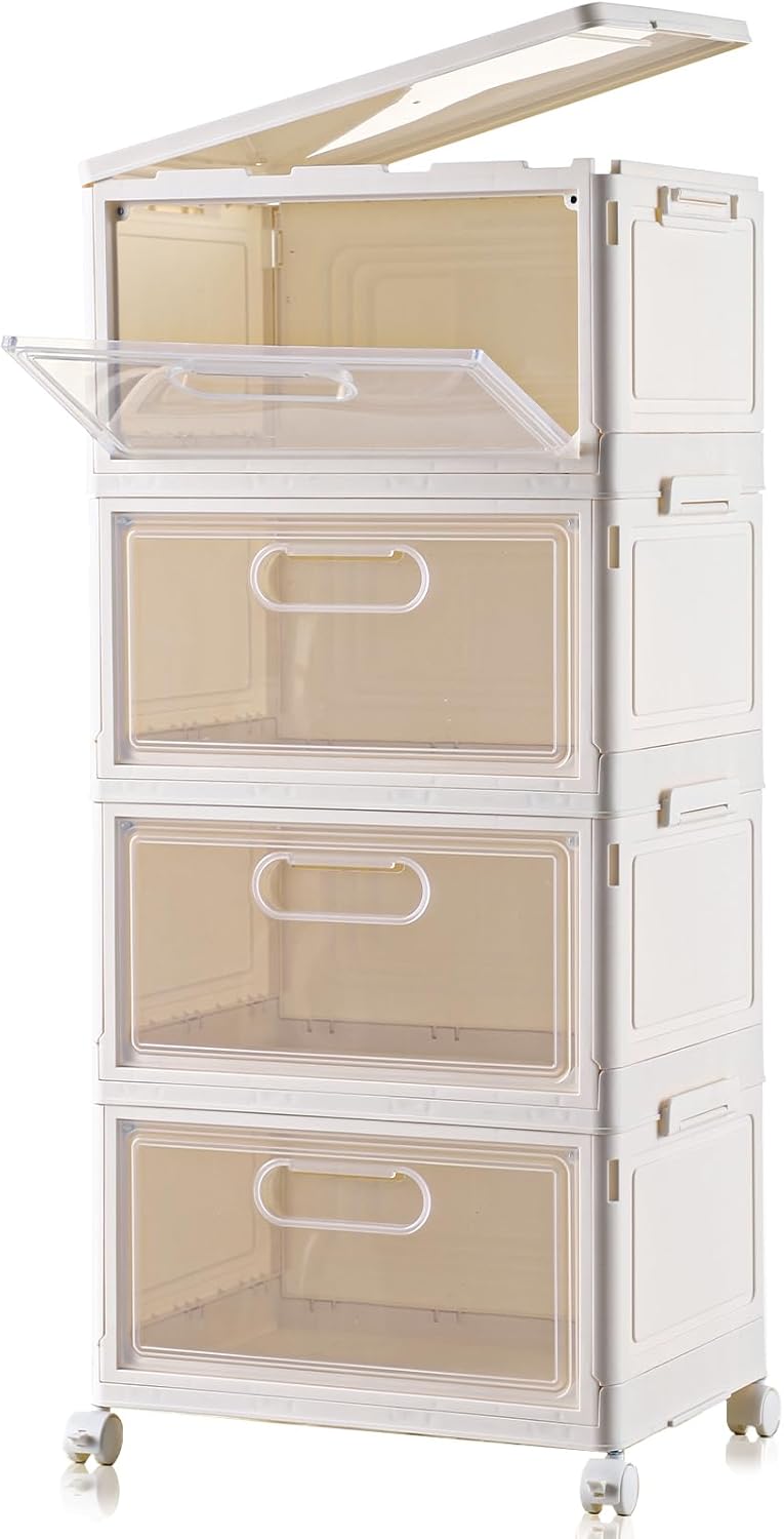 4-Tier Stackable Storage Bins with Lid, 23QT Storage Containers,Clear Foldable Plastic Drawer Storage on Wheels,Closet Organizers and Storage for Living Room,Bedroom,Office,Dorm
