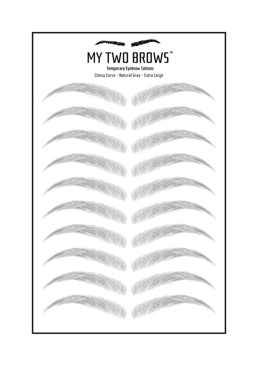 (10 pairs) Natural Grey Temporary Eyebrow Tattoo - Extra Large Size - Waterproof & Smudgeproof - Classy Curve Style Eyebrow Stickers - Sheet Lasts up to 30 Days - Won't Work on Existing Brows