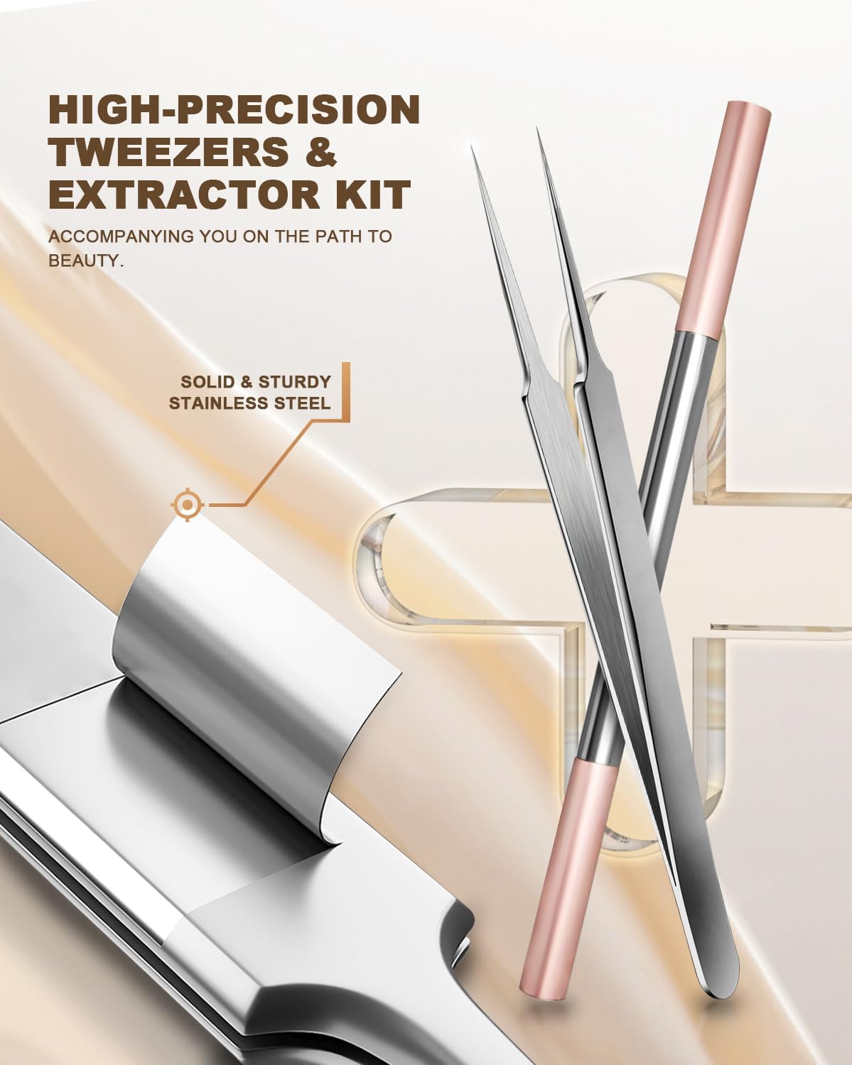 SGNEKOO Milia Remover Whitehead Extractor, Blackhead Tweezers with Angled Loop & Acne Needle Rose Gold in Case,Professional Facial Tool Kit