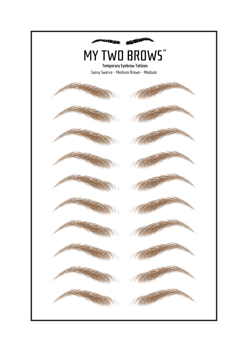 (10 pairs) Ash Brown Temporary Eyebrow Tattoo - Large Size - Waterproof & Smudgeproof - Sassy Swerve Style Eyebrow Stickers - Sheet Lasts up to 30 Days - Won't Work on Existing Brows