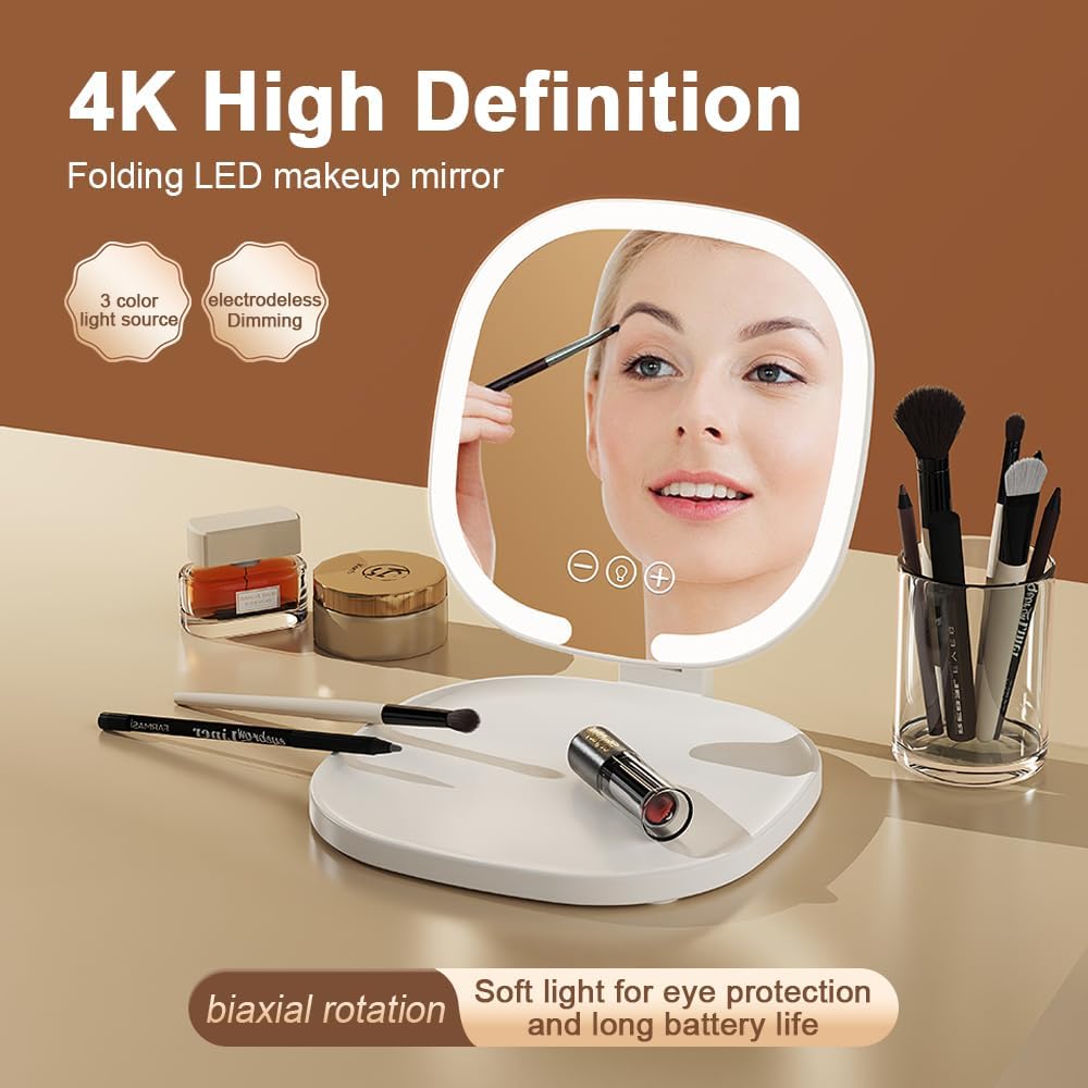 Rechargeable LED Travel Makeup Mirror, 3-Color Lighting, Dimmable Touch Screen, Multi Angle Adjustable, Foldable and Portable Desktop Vanity Mirror with Storage Tray(Creamy)