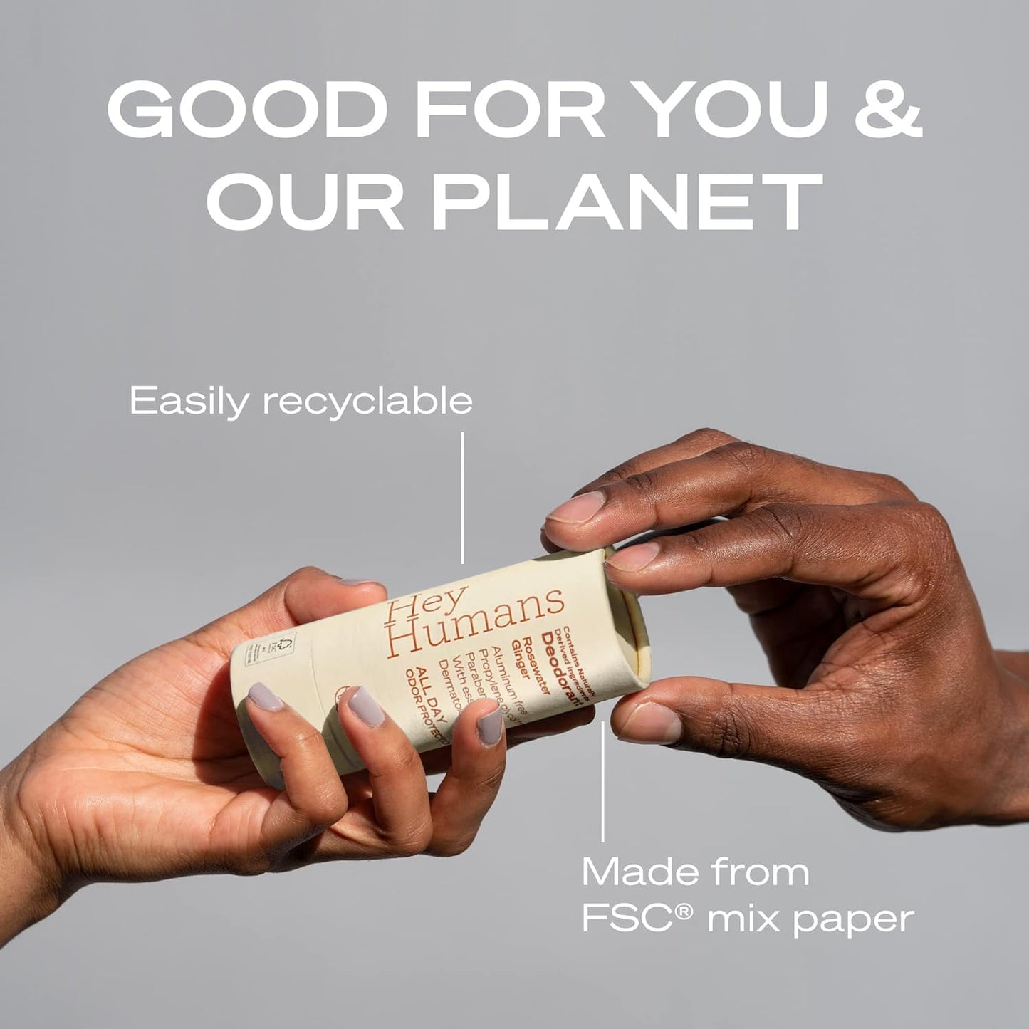 Hey Humans Deodorant, Aluminum Free Deodorant for Women and Men, Contains Naturally Derived Ingredients, All Day Odor Control, Refreshing Essential Oils, Pack of 2, Rosewater Ginger