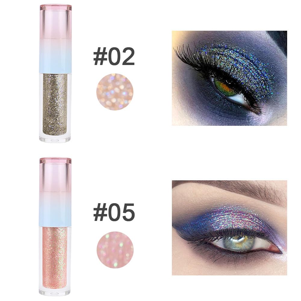 Liquid Sparkling Glitter Eye Shadow Sticks Set: Crystal Silver Golden Eyeshadow, Eyeliner, Eyelid, Liquid Highlight Shimmer Makeup for Eyes,Waterproof Quick-Drying,2 Pcs (02+05)