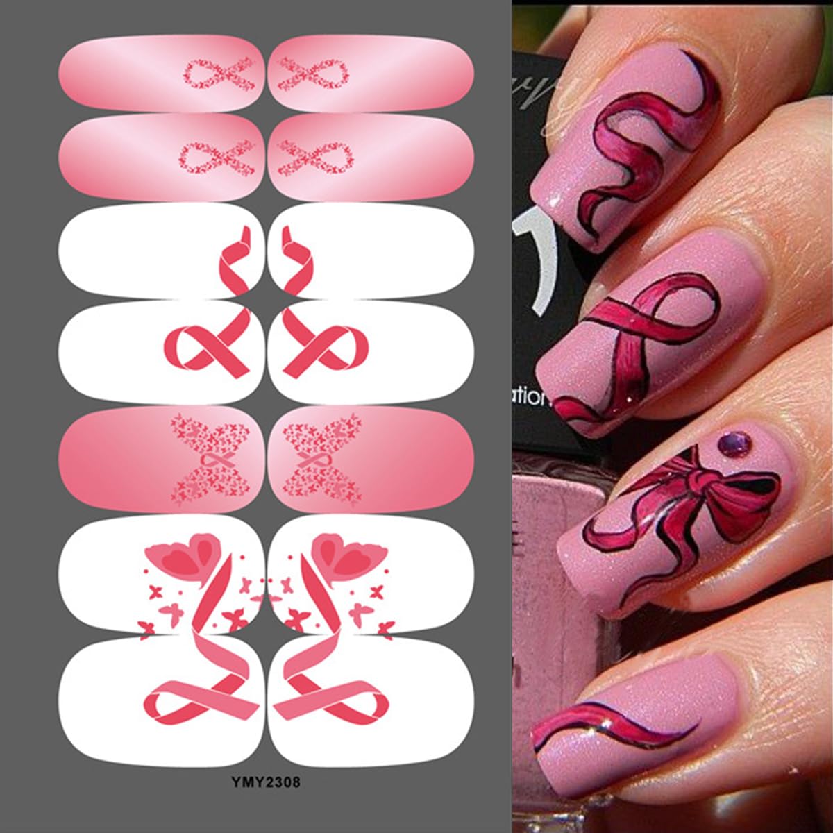 6Sheets Breast Cancer Gel Nail Stickers Pink Ribbon Polish Strips Self-Adhesive Awareness Full Wraps Decals Gradient Pink Butterfly Strips for Women DIY Manicure