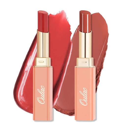 Oulac Moisturizing Shine Lipstick For Women Christmas Set 2PCS, 2 in 1 Tinted Lip Balm for Winter, Hydrated Juicy and Glossy Lip Color for Dry, Cracked and Chapped Lips, Vegan [01+16]
