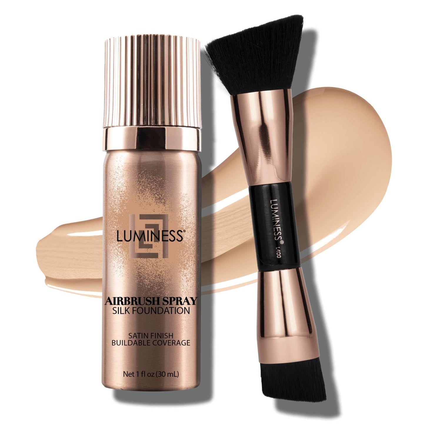 LUMINESS Silk Airbrush Spray Foundation 2-PC Kit - Foundation & Dual-Sided Angled Makeup Brush - Buildable Coverage, Anti-Aging Formula, Humidity Resistant, Hydrates & Moisturizes, Light Fair