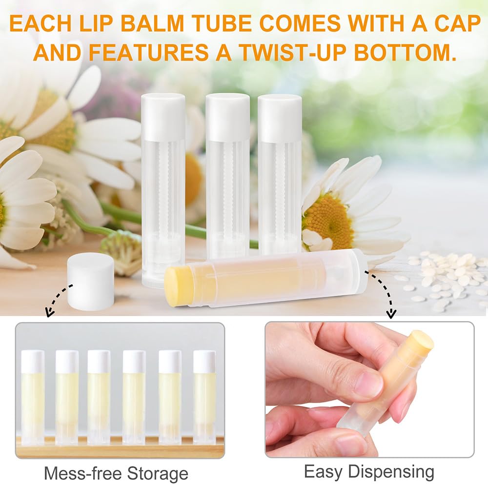 LotFancy Lip Balm Tubes with Filling Tray and Spatula, 50Pcs 5.5ml (3/16 Oz) Clear Lip Balm Containers with White Caps, BPA Free & Leak Free