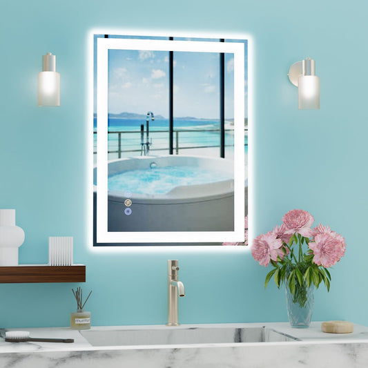 20"x 28" LED Bathroom Mirror, 3 Colors Vanity Mirror with Lights, Front and Backlit Bathroom Mirror with Lights, LED Smart Mirror for Bathroom, Tempered Glass, Anti-Fog, Stepless Dimmable, Memory