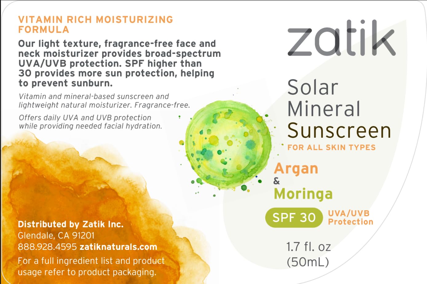 Zatik Naturals - Solar Mineral Sunscreen with Argan and Moringa, Vitamin and Mineral-Based Solar Protection, Vegan, Non-GMO, pH Balanced, FREE from Gluten, Soy, Alcohol. 1.7 fl oz, 50 ml