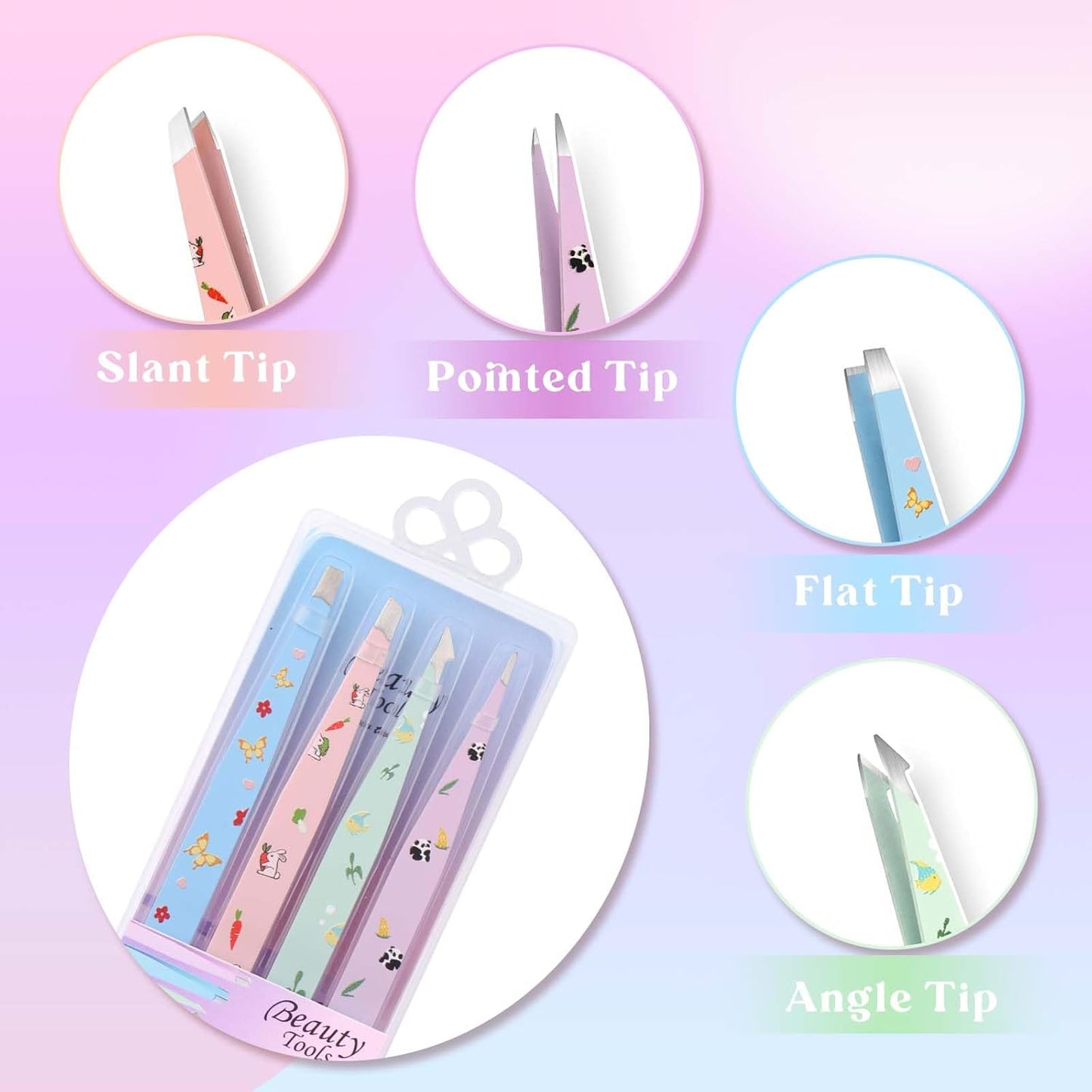 FADLASH Professional Multicolor Tweezers 4Pcs High Precision Stainless Steel Eyebrow Tweezers for Facial Hair, Eyebrow Grooming, Ingrown Hair Splinter Removal Suitable for Women and Men