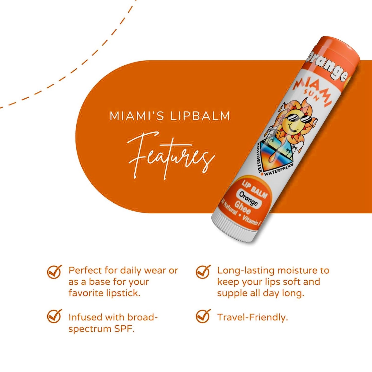 Miami Sun Natural Ghee Lip Balm, Hydrating Lip Treatment with Shea Butter & Beeswax, Organic & Non-Toxic, Best for Dry, Chapped Lips - Moisturizing, Healing, Chemical-Free Lip Repair (4 Count, Orange)