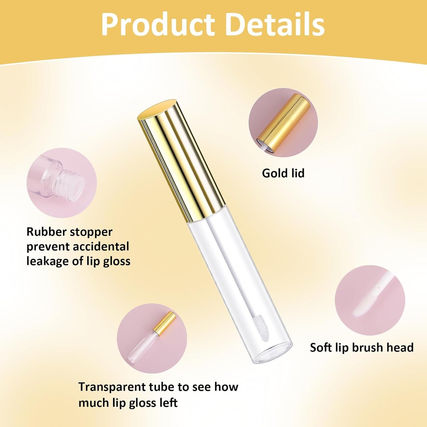 Molain 5PCS Empty Lip Gloss Tubes, 10ml Refillable Cosmetic Containers Bottles Lip Balm Bottles with Wand Concealer for Lipstick Samples, Lip Balms(Gold tube cap)