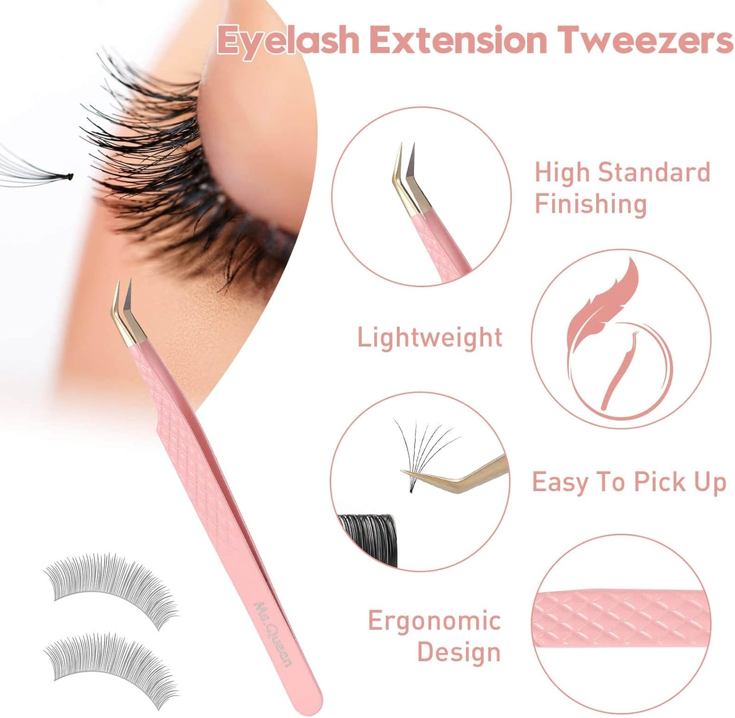 Ms.Queen Lash Tweezers for Eyelash Extensions,Precision 4Pcs Fiber Tip Grip 45 90 Degree L-Shaped Boot Curved Isolation Eyelash Tweezers Set