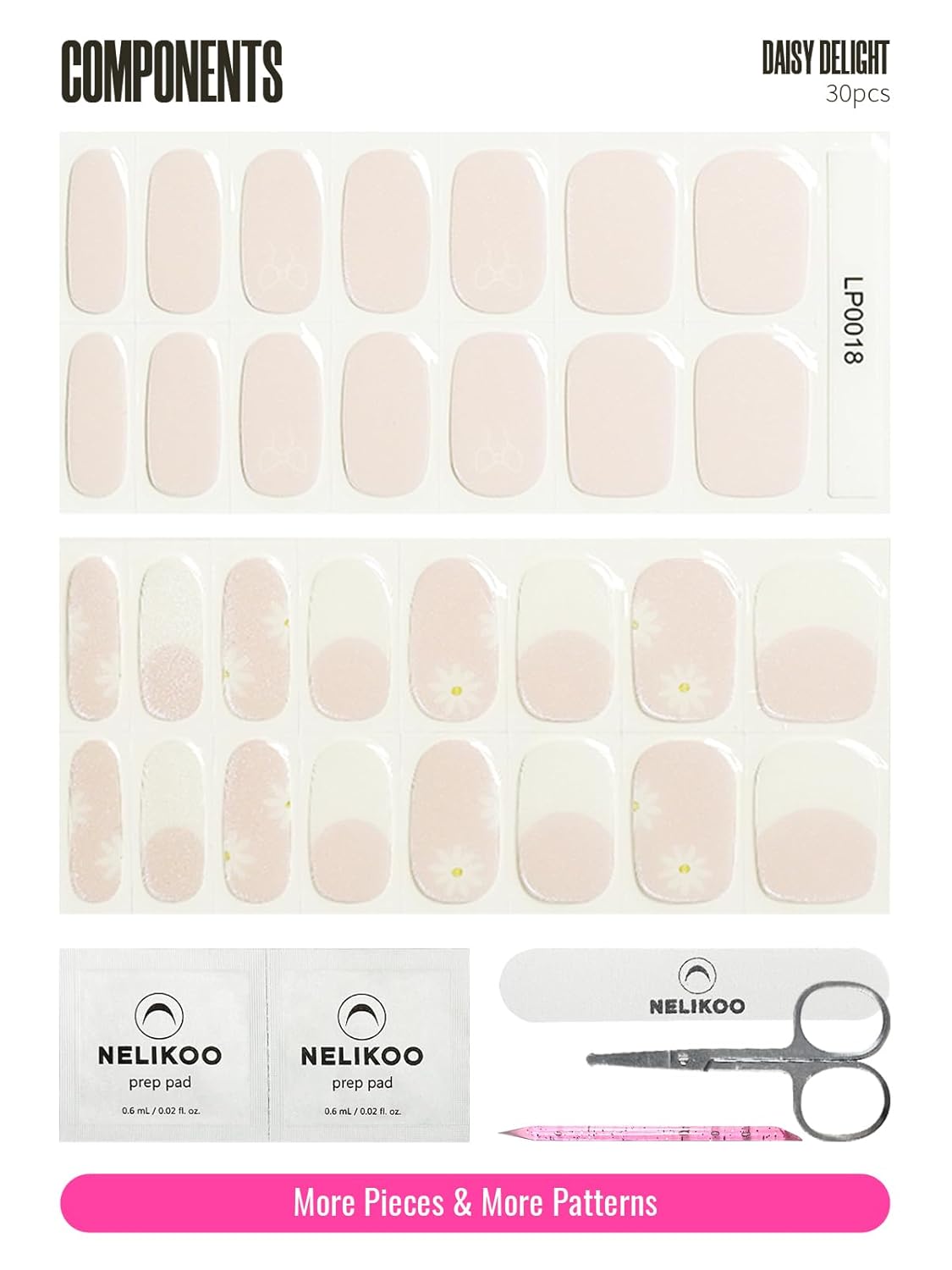 Semi Cured Gel Nail Strips, 30 pcs Stikers, Wraps, Salon-Quality, Easy to Apply, 2 Weeks Long Lasting (Daisy Delight)