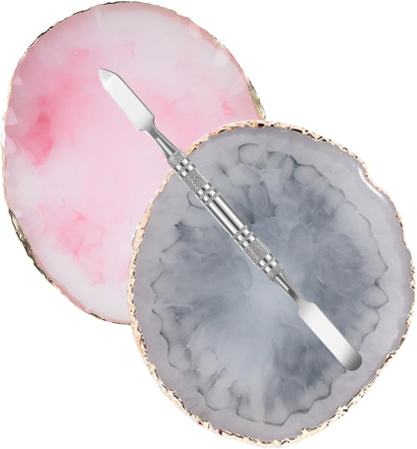 2 Pcs Resin Nail Palette Nail Polish Palette Nail Art Palette with Stainless Stirring Rod (Gray and Pink)