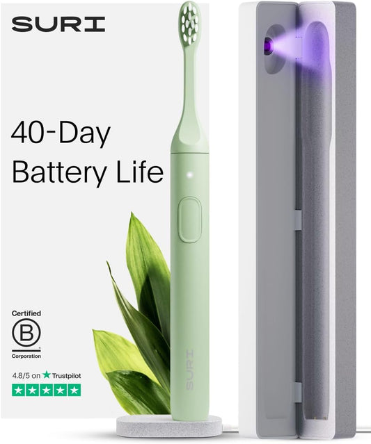 SURI 1.0 Sonic Electric Toothbrush with UV Cleaning Travel Case | 40+Day Battery | Designed in California | Electric Toothbrush for Adults | Travel Toothbrushes | Tooth Brush | Green