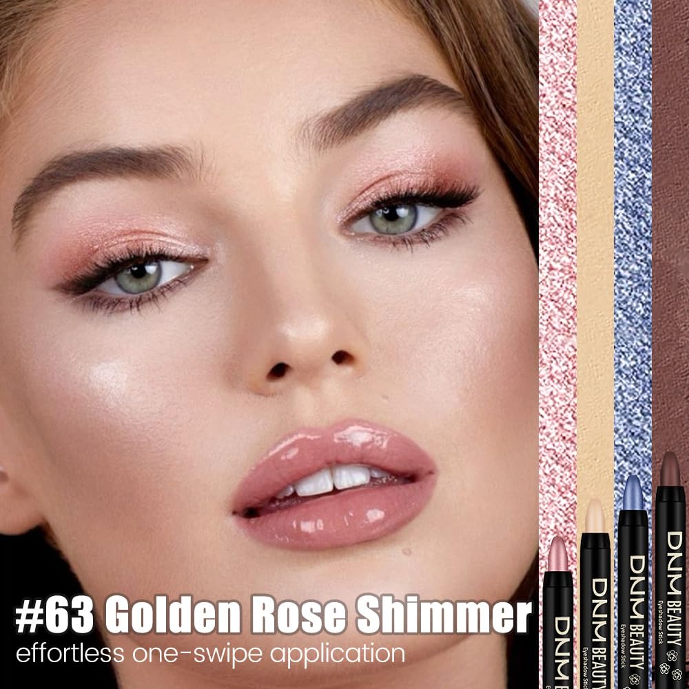Gold Rose Shimmer Cream Eye Shadow Stick Makeup for Women, Shimmer Eyeliner Pencil Eyeshadow Brightener Stick for Eyes, Waterproof Eyeshadow Applicator Blendable sombras para ojos 63#