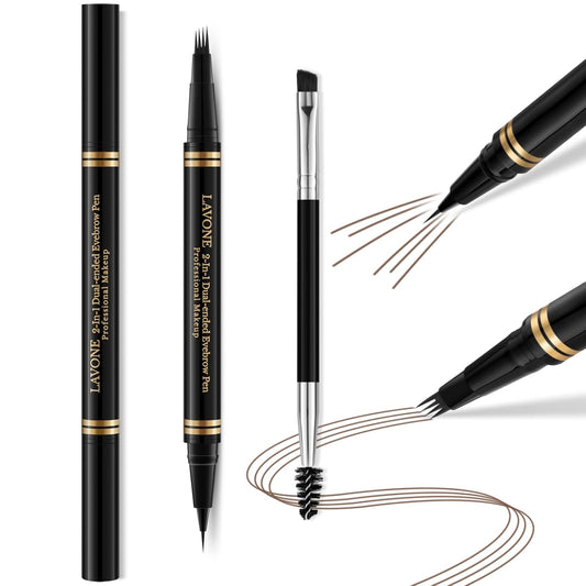 Eyebrow Pen,2-in-1 Waterproof Eyebrow Pencil with 4 Tip Microblading Brow Pen and Ultra-Precise Brow Pencil,with Dual-ended Eyebrow Brush,Eyebrow Makeup for Natural Looking - Dark Brown