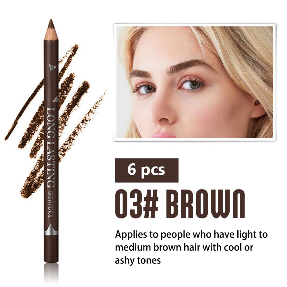 6Pcs Eyebrow Pencils for Women, Wooden Hard-Core Brown Eyebrow and Eyeliner Pencil, Long Lasting Waterproof and Sweat-Proof, Beginner Makeup Brow Pencil, Create a Natural Eye Brow Makeup