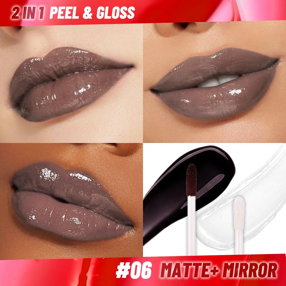 Lip Stain Peel Off Lip Gloss oil Dual-Ended Combo, Brown Lips Liner Stain Peel Off Tattoo, Long Lasting & Waterproof, Transfer-Proof Lip Tint Stain with Lip oil for All Skin Type 06#
