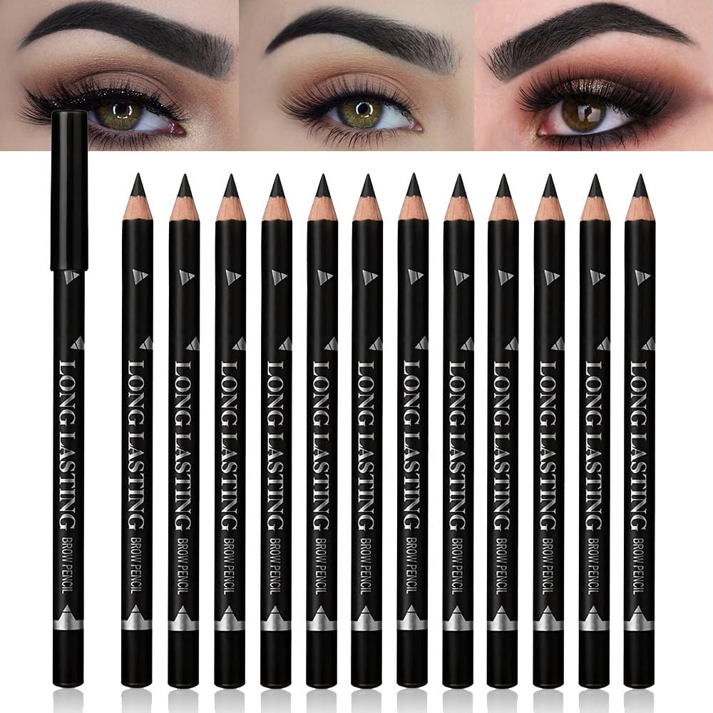 12Pcs Eyebrow Pencils for Women, Wooden Hard-Core Black Eyebrow and Eyeliner Pencil, Long Lasting Waterproof and Sweat-Proof, Beginner Makeup Brow Pencil, Create a Natural Eye Brow Makeup