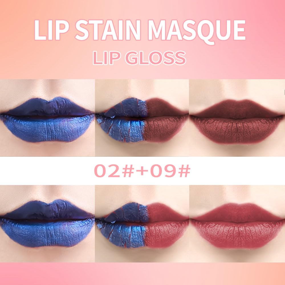 Lip Stain Peel Off Set–Long Lasting Waterproof Lip Tint, Smudge Proof Transfer Resistant Lip Stains Tattoo,High Pigment Matte Lip Color, Kiss Proof Peel Off Lip Stain Masque, Stay Lip Makeup 02+09