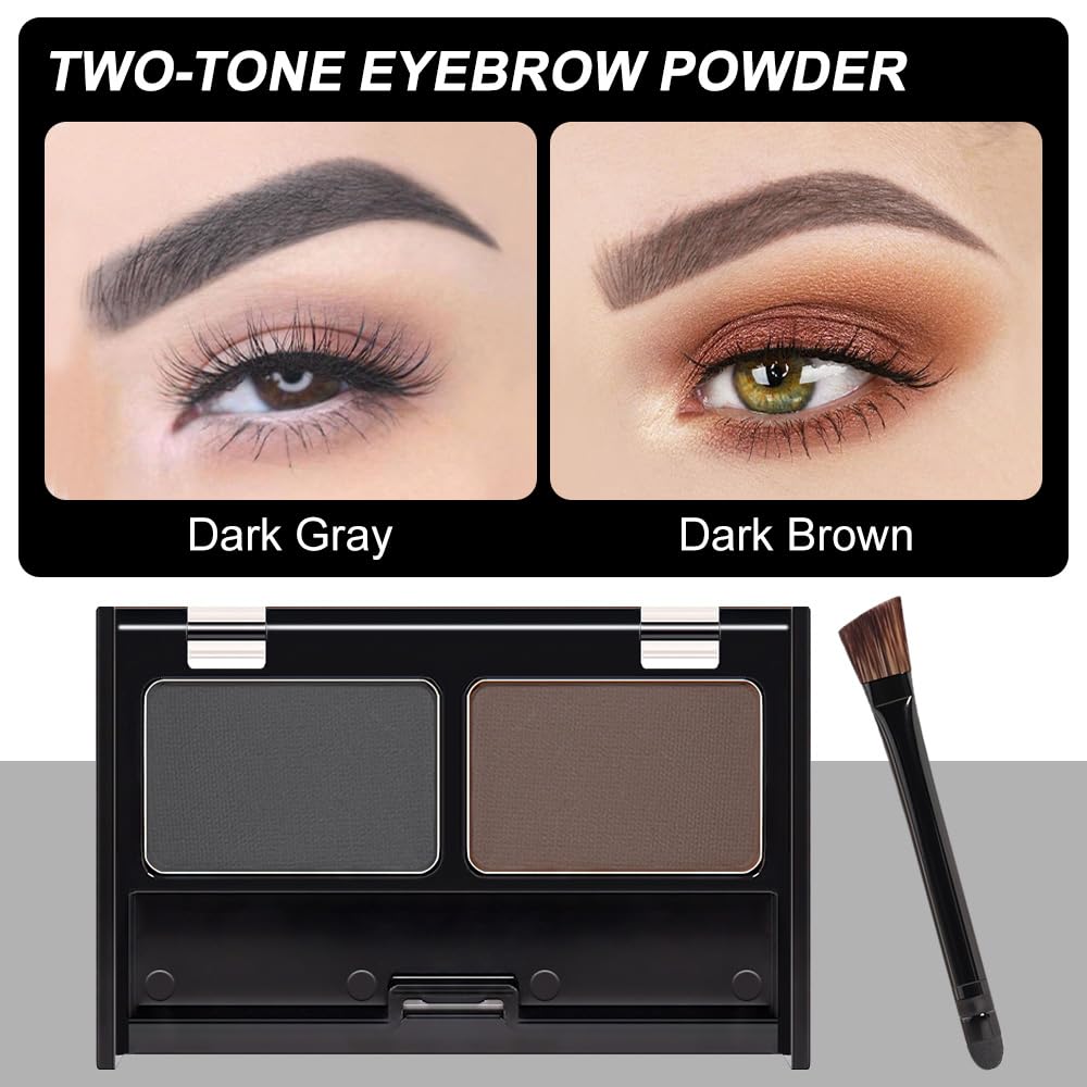 Black Brown Eye Brow Powder Kit for Women, Medium Coffee Dark Gray Eyebrow Powder Palette with Brush, Brow Color Filler Get Full Defined Natural Brows, Highlight Contour sombra para cejas, Vegan