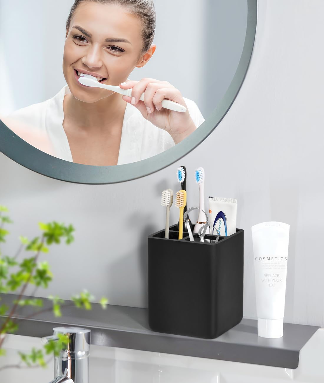 Luxspire Toothbrush Holders, 3 Slots Toothpaste & Toothbrush Holder for Bathroom, Resin Toothbrush Stand, Electric Toothbrush Holder with Drain Hole, Bathroom Organizer Countertop, Matte Black