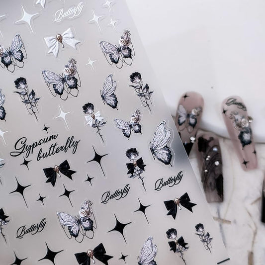 Butterfly Nail Stickers 5D Embossed Nail Art Decals Self-Adhesive Black Bows Nail Stickers for Nail Art DIY Flower Nail Art Decorations for Women (1, Black Bows)