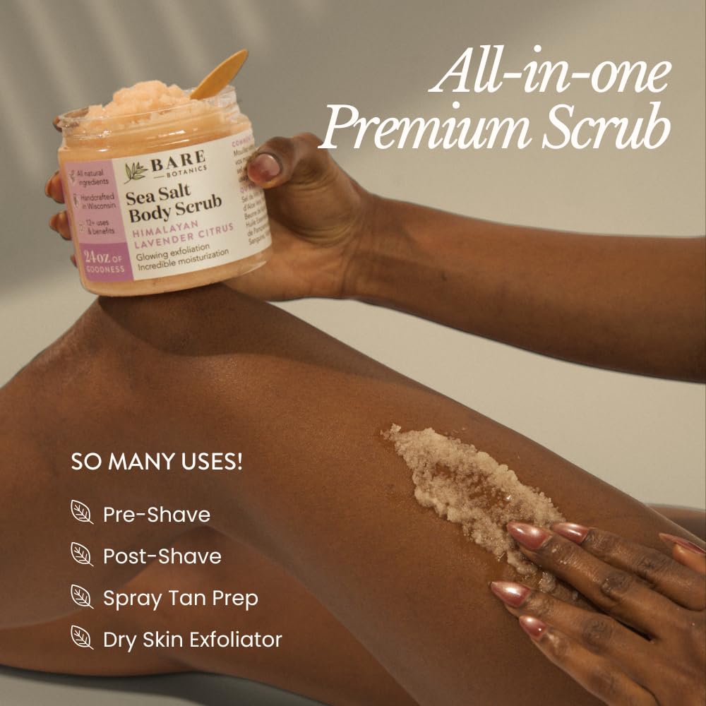 Bare Botanics Unscented Body Scrub 24 oz - Naturally Scented Sea Salt Scrub Made in Madison, WI - Formulated w/Skin Loving Moisturizers - Vegan, Cruelty Free Exfoliator w/a Cute Wooden Spoon