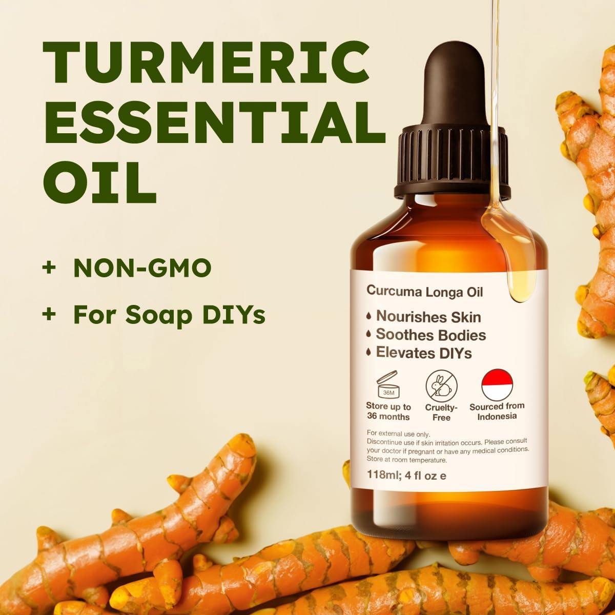Kukka Turmeric Oil for Skin - 4 Fl Oz - Turmeric Essential Oil, Herbaceous Scent, for Face, Hair, Aromatherapy, Candle, DIY Soap Making Scents