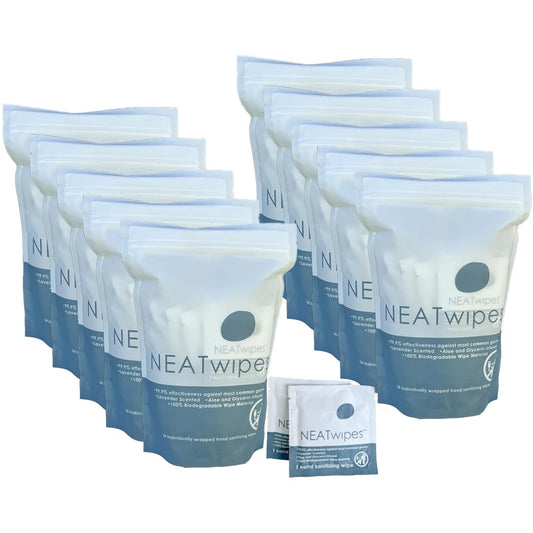 NEATwipes Hand Sanitizing Wipes | Travel Essentials | Disposable Wet Wipe & Planet Friendly | Lavender Essential Oil & Soothing Aloe | 10 Pouches of 24 Individually Wrapped Wipes