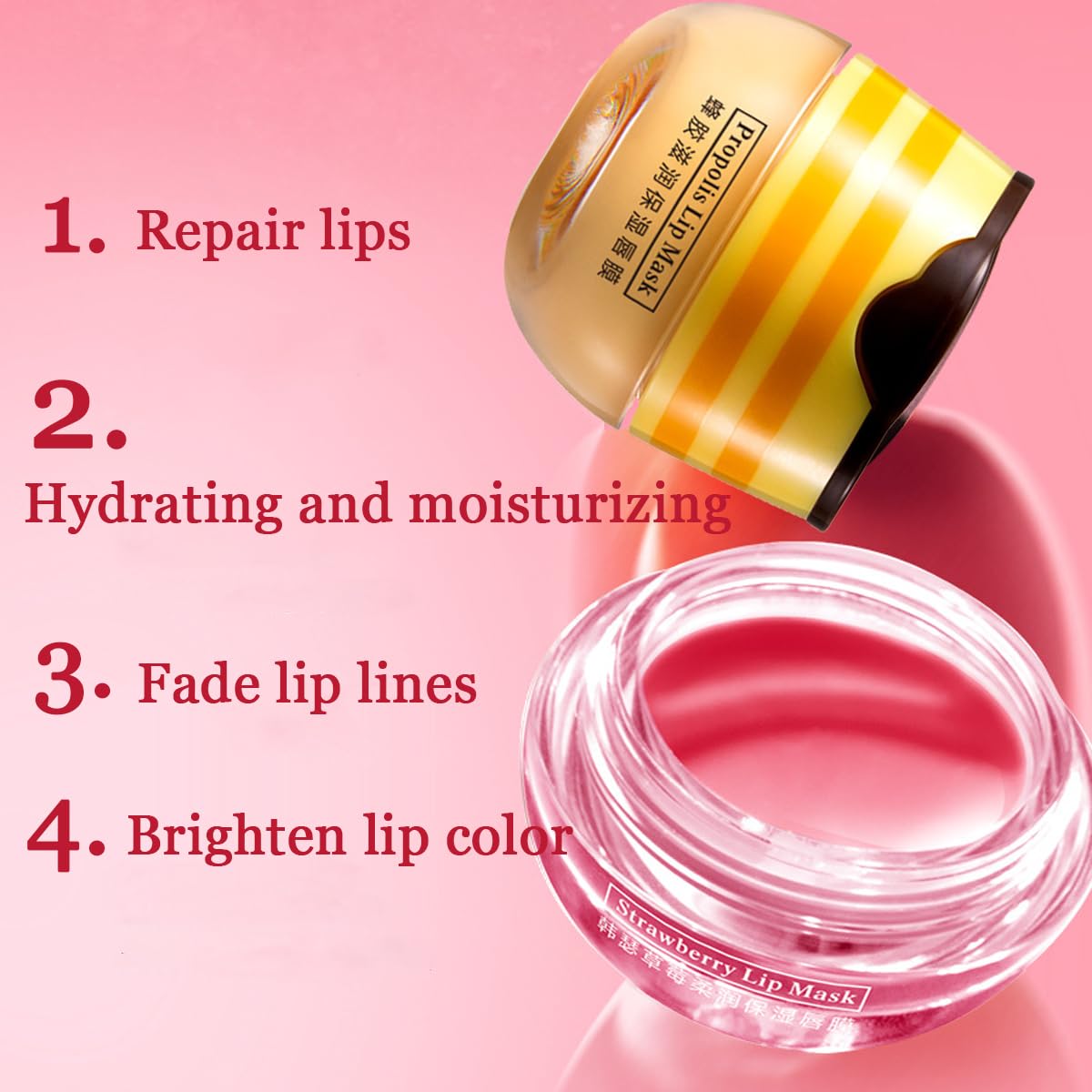 2 Pcs Lip Balm Honey Pot,Honey & Strawberry Lip Mask Propolis Moisturizing Lip Balm with Stick,Prevention Dry and Cracked Lip Scrubs,Exfoliator Lip Wrinkle Skin Care Products