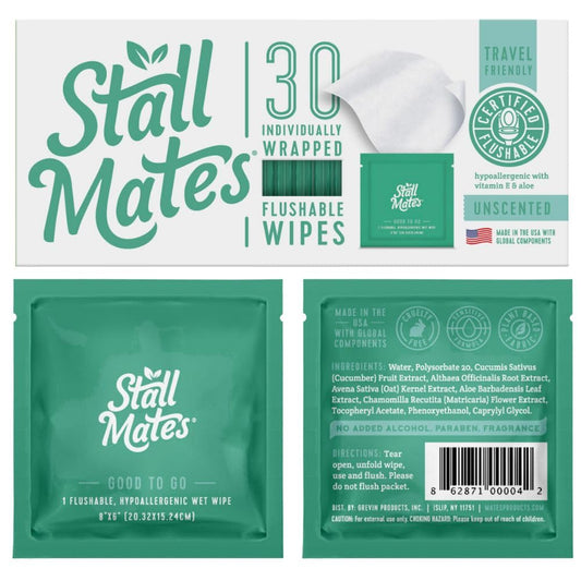 Stall Mates Wipes - Flushable Wipes | Individually Wrapped | Travel Friendly | Unscented with Vitamin-E & Aloe | (30 on-the-go singles)