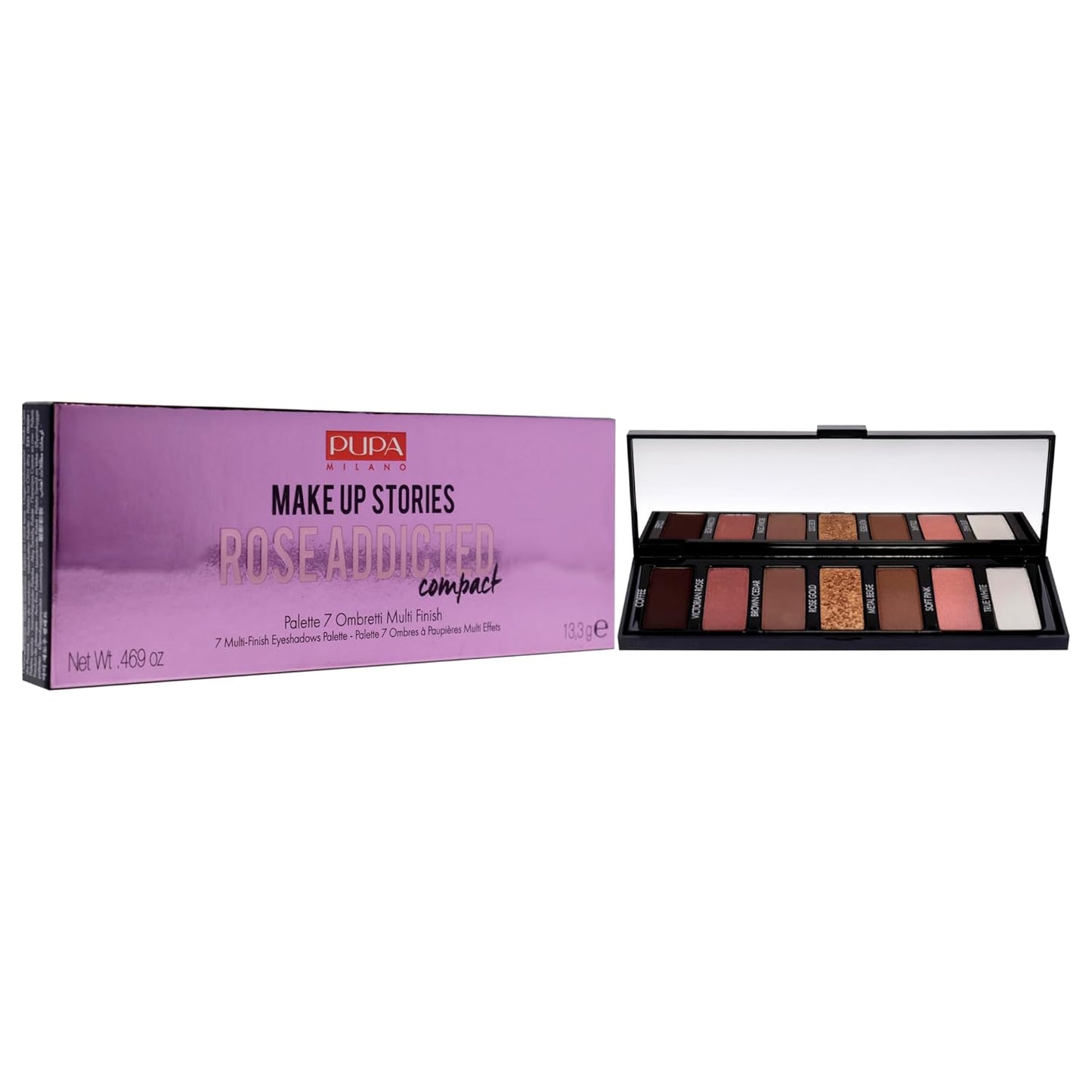 Pupa Milano Make Up Stories Eyeshadow Palette 004 Rose Addicted - 7-Shade Shadow Collection with Matte, Satin, and Metallic Color Options - High Pigment Formula - Soft, Blendable Texture - 0.469 oz
