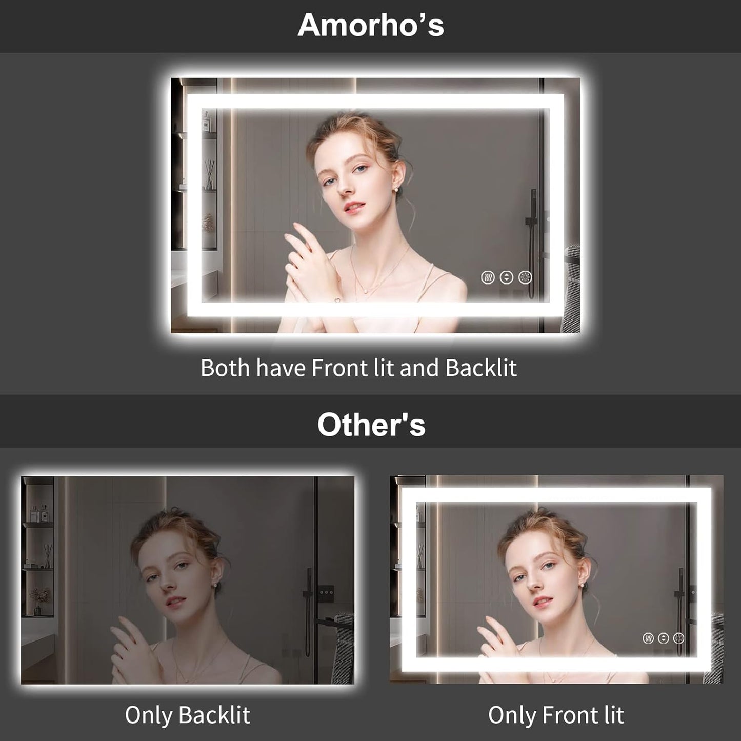 Amorho LED Bathroom Mirror 32"x 32" with Front and Backlight, Stepless Dimmable Wall Mirrors with Anti-Fog, Shatter-Proof, Memory, 3 Colors, Double LED Vanity Mirror(Horizontal/Vertical)