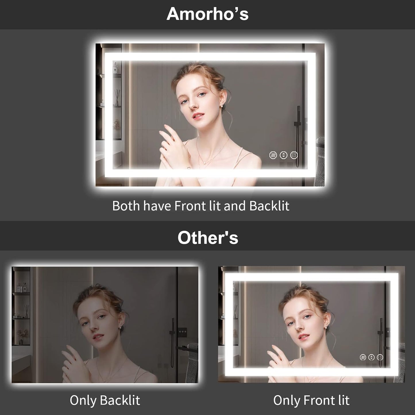 Amorho LED Bathroom Mirror 40'' X30'' with Front Light and Backlit, Stepless Dimmable Wall Mirrors with Anti-Fog, Shatter-Proof, Memory, 3 Colors, Double LED Vanity Mirror (Horizontal/Vertical)