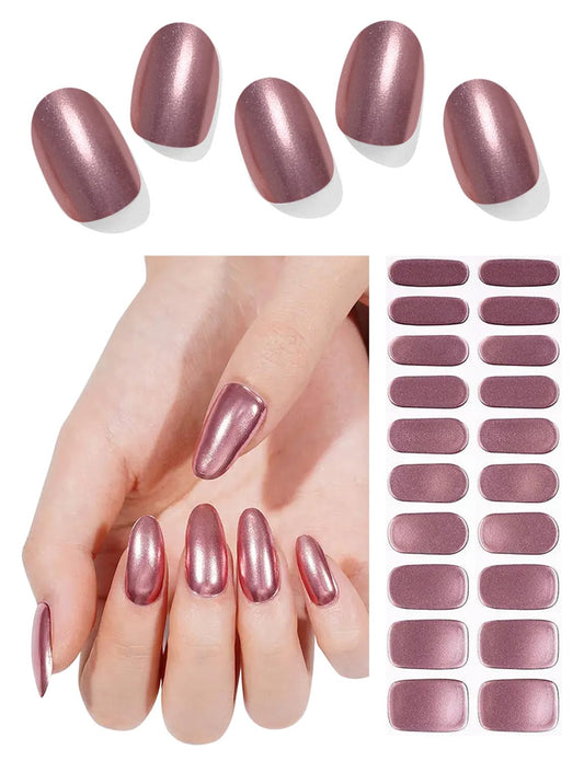 Semi Cured Gel Nail Strips, Rose Gold, Chrome Mirror 20pcs Gel Nails Sticker for Home Nails DIY