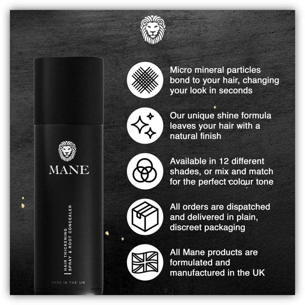 MANE Hair Thickening Spray & Root Touch Up, Instantly Thicker Hair for Men & Women, Fill in Hairlines and Hide Thinning and Fine Patches - Jet Black, 12 Colors (6.76 oz)