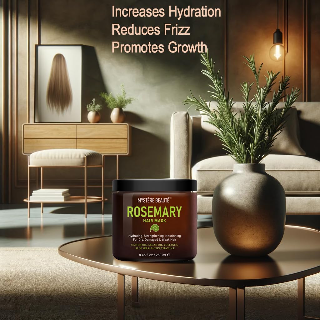 Rosemary Hair Treatment - with Collagen, Biotin, Argan Oil for Dry, Damaged, Curly Hair - Strengthening Deep Conditioner for Split Ends & Growth - 8.45 fl oz